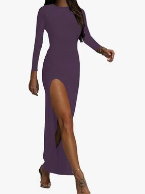Long Sleeve Purple Maxi Dress with High Side Slit